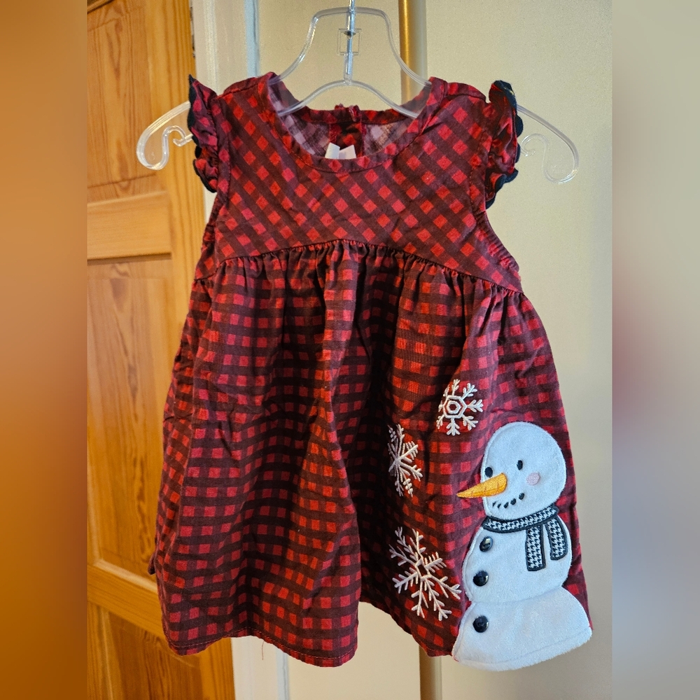 Ricrac & Ruffles Red Checkered Kids Dress with Snowman Design Sz 2T